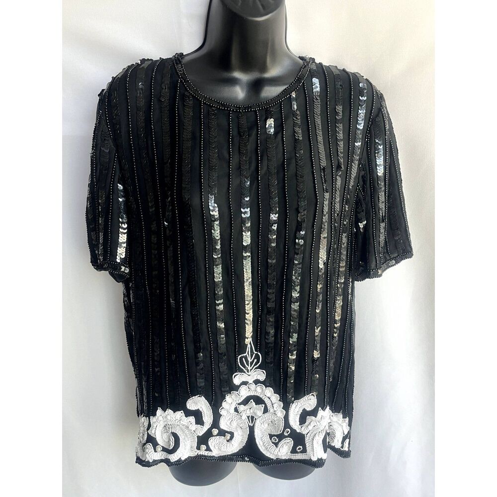 Vintage Stenay Beaded Sequin Evening Blouse Top 100% Silk Black S Formal Retro